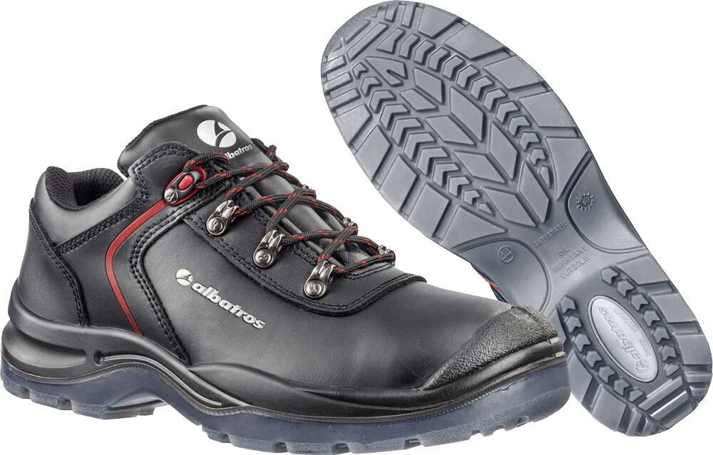 Black Albatros Sicherheitsarbeitssschuh, gezeigt in Seiten- und Sohlenansicht, mit roten Schnürsenkeln und robustem Profil.
