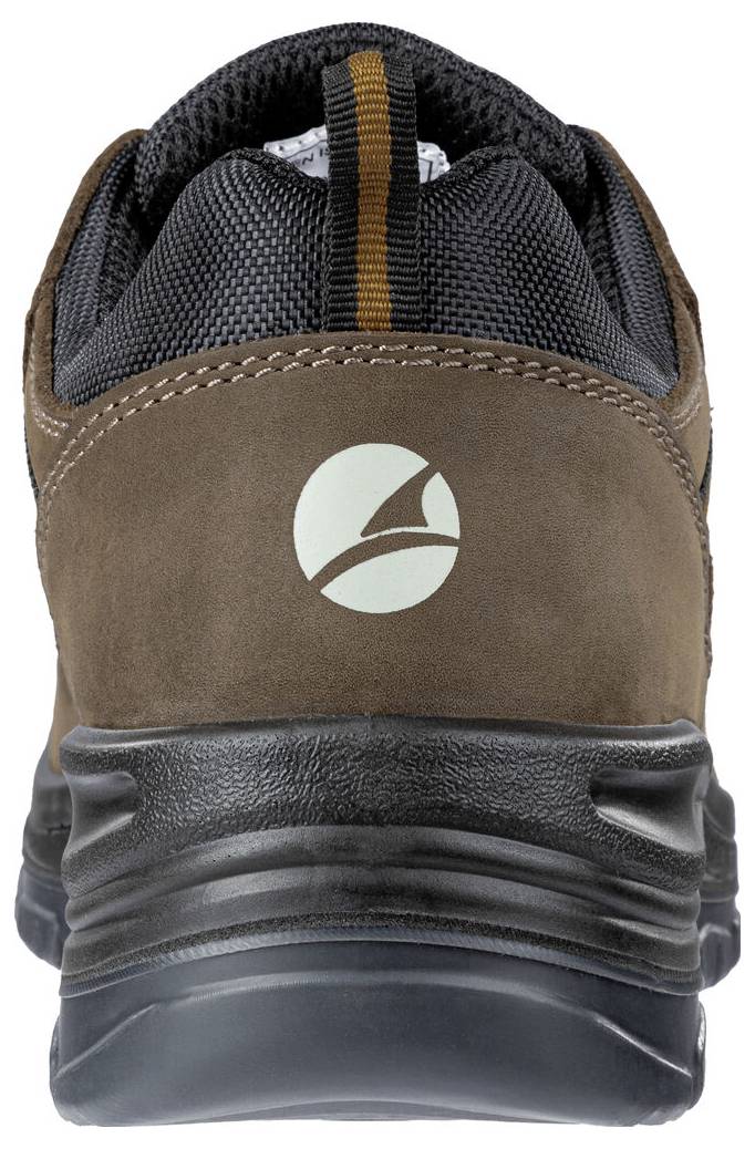 Rückansicht eines braun und schwarzen Wanderschuhs mit einer gepolsterten Sohle und einem kreisförmigen Logo auf der Ferse.