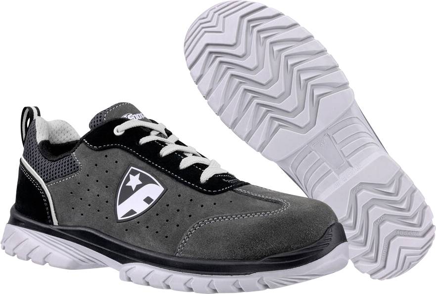 Schwarzer Sportschuh in Seitenansicht gezeigt, mit einem zweiten Schuh im Winkel angeordnet, um die weiße Profilsohle zu präsentieren, mit einem Stern-Logo auf der Seite.