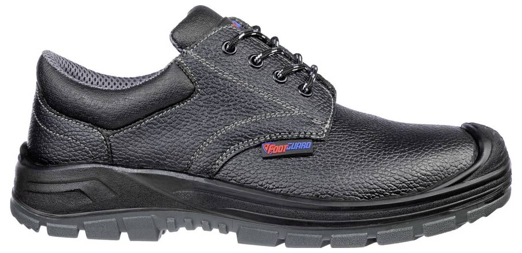 Schwarzer niedriger Arbeitsstiefel mit Schnürsenkeln, strukturiertem Lederoberschaft und dicker robuster Sohle, dargestellt in Seitenansicht auf weißem Hintergrund.