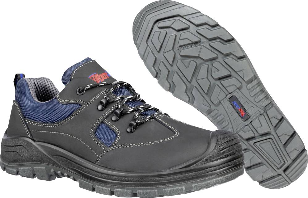 Paar grauer und blauer Arbeitsschutzschuhe, einer von der Seite dargestellt und einer zeigt die Profilsohle.