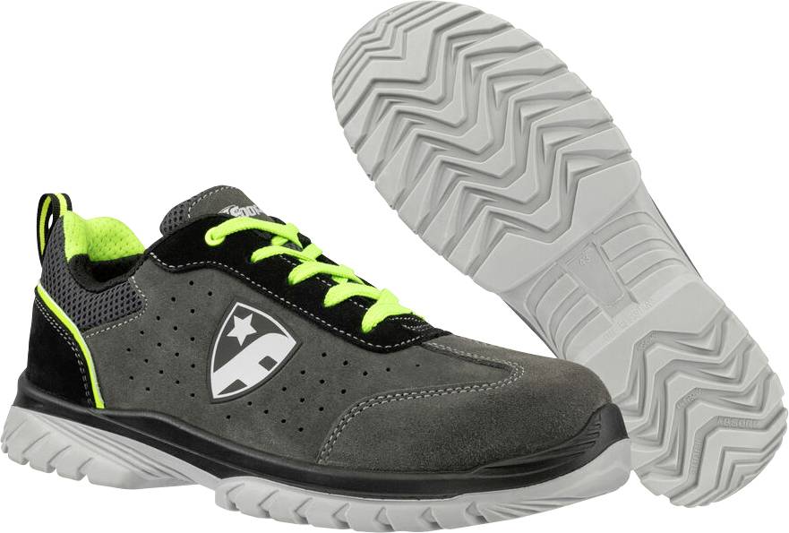 Paar schwarze und graue Low-Top-Arbeitsschuhe mit neongrünen Schnürsenkeln und Akzenten, gezeigt mit einer Schuhseitenansicht und einer Sohlenansicht.
