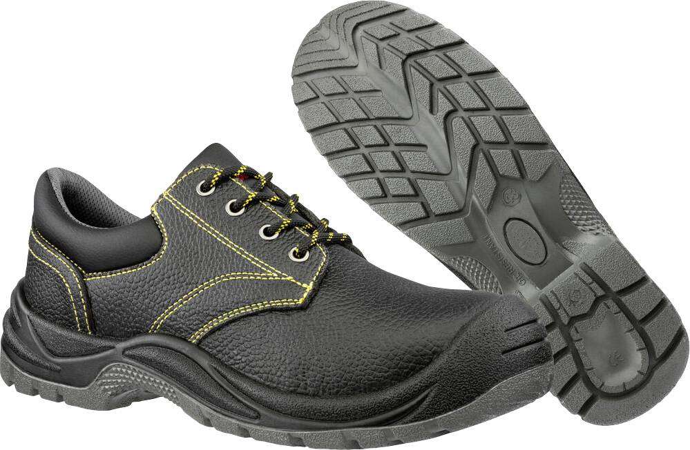 Schwarzer Sicherheitsarbeitsstiefel in Seiten- und Sohlenansicht mit rutschfestem Profil, gelben Nähten und verstärkter Zehenpartie zum Schutz.