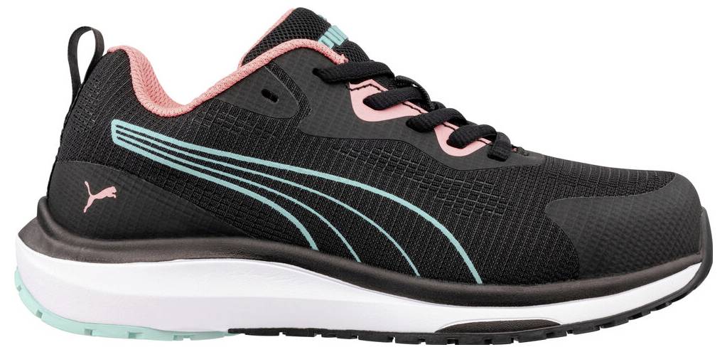 Schwarzer Puma-Laufschuh mit rosa und türkisen Akzenten auf weißem Hintergrund