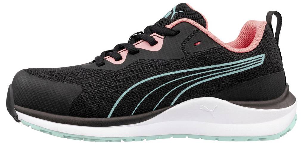 Schwarzer Sportschuh mit türkisen Akzenten, rosa Innenfutter und weißer Sohle, in Seitenansicht dargestellt.