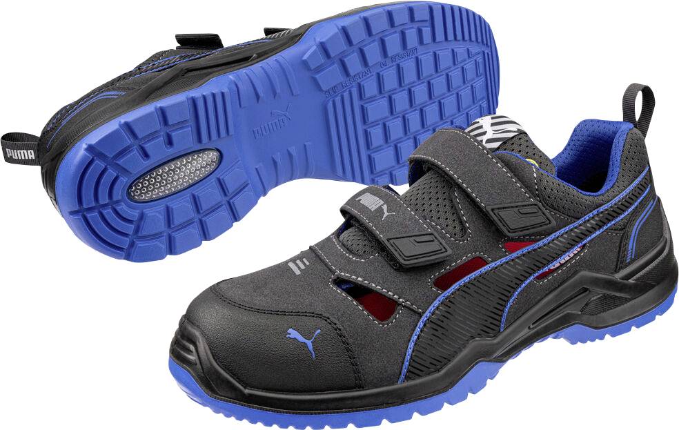 Schwarzer und blauer Puma-Arbeitsschuh, gezeigt von oben und Sohlenperspektive, mit Klettverschlüssen und einer robusten blauen Profilsohle.