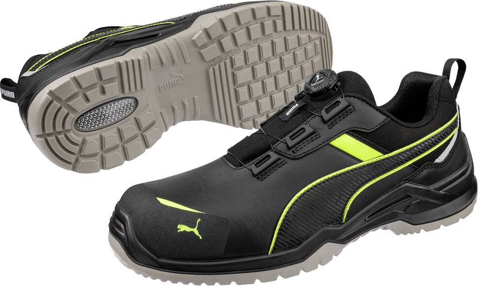 Schwarzer Puma-Sicherheitsschuh mit neongelben Akzenten, von der Seite und Unteransicht gezeigt, um das Schutzprofil und das niedrig geschnittene Design hervorzuheben.