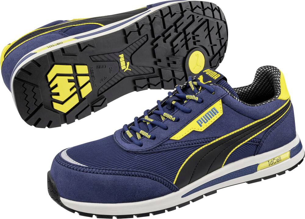 Blauer und gelber Puma-Sicherheitsschuh von der Seite und Sohle gezeigt, mit schwarzem Profil und verstärkter Zehenkappe für Arbeitsschutz.