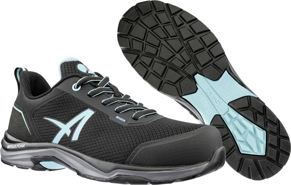 Schwarze und blaugrüne Sportschuhe gezeigt von der Seite und Sohlenansicht, mit gepolsterter Laufsohle und Sicherheitsschuh-Design.