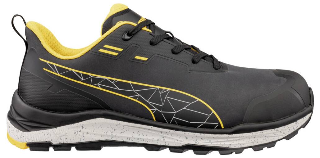 Schwarzer und gelber athletischer Trailschuh in Seitenansicht, mit strukturierter Sohle und geometrischem Akzentmuster.