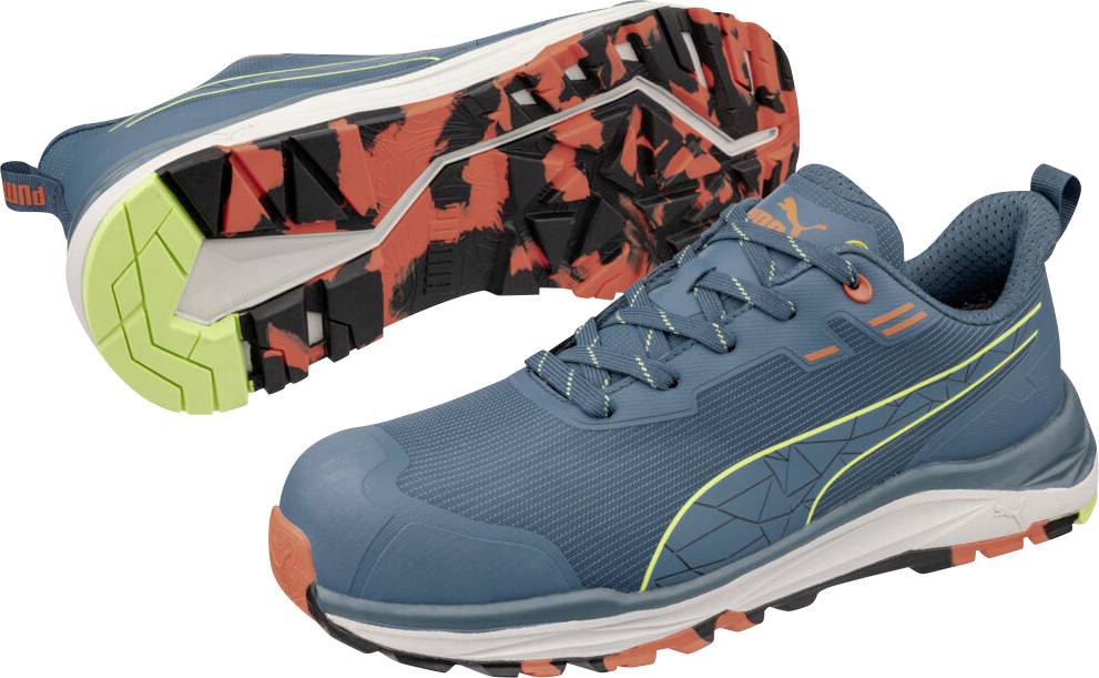 Paar blaue Trailrunning-Schuhe, gezeigt von oben und von der Sohlenansicht, die robuste orange-schwarze Profilsohle und gepolstertes Design hervorheben.