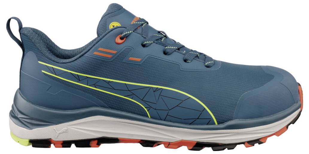 Blauer Sportlicher Trail-Laufschuh mit orangefarbenen Akzenten und robuster Laufsohle, in Seitenansicht auf weißem Hintergrund dargestellt.