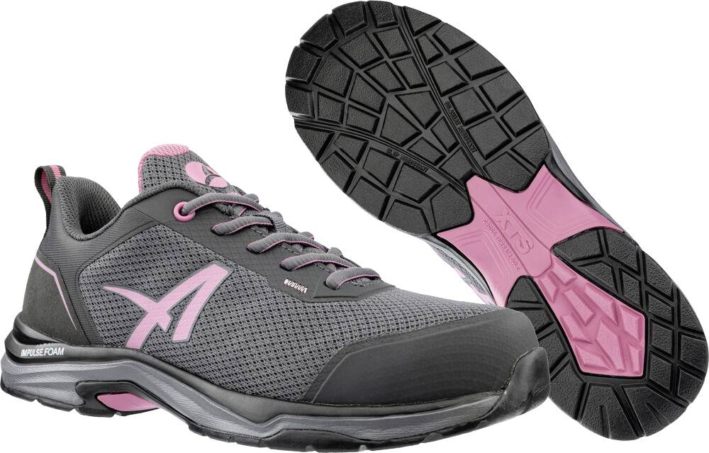 Grauer und rosa Sportschuh von der Seite gezeigt mit sichtbarer Sohle, die Profilmuster und Dämpfungsmerkmale hervorhebt.