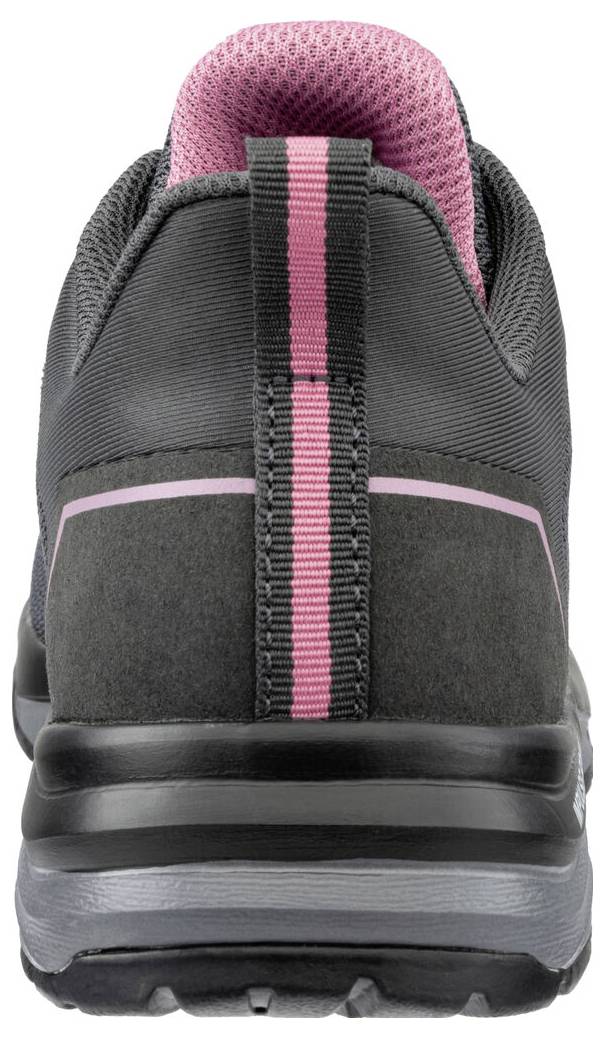 Rückansicht eines schwarzen und rosa Sportschuhs mit dicker gepolsterter Sohle und rosa gestreifter Fersenzunge.