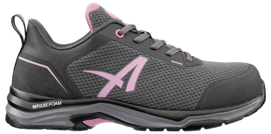 Schwarz-rosa Sportschuh in Seitenansicht, mit Mesh-Obermaterial, rosa Schnürsenkeln und „IMPULSE.FOAM