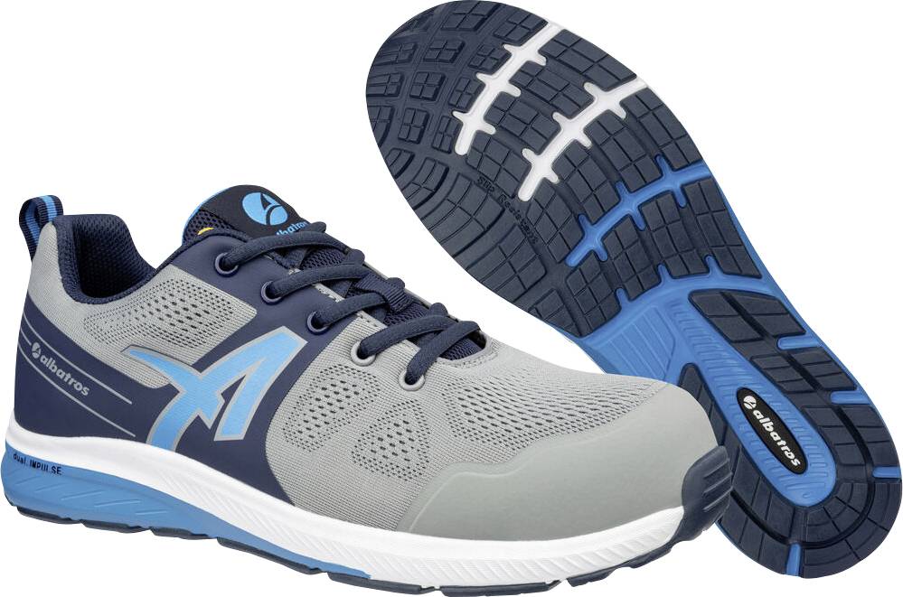 Grauer und blauer Sportlaufschuh mit seiner passenden Sohle, die die Dämpfung und das Profildesign hervorhebt.