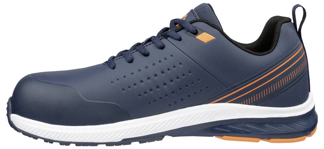Marineblauer Sportschuh mit orangefarbenen Akzenten, in Seitenansicht auf weißem Hintergrund dargestellt.