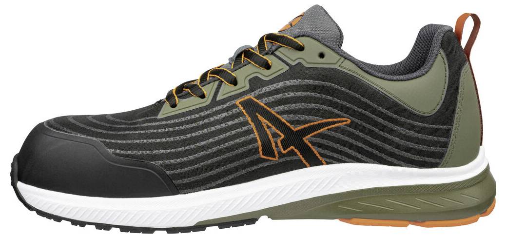Schwarzer und olivfarbener sportlicher Laufschuh mit orangefarbenen Akzenten, in Seitenansicht auf weißem Hintergrund gezeigt.