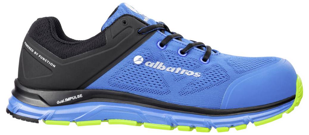 Blauer und schwarzer Sportschuh mit leuchtend grüner Sohle, in der Seitenansicht gezeigt, mit den Markenbezeichnungen 'albatros' und 'dual.IMPULSE'.