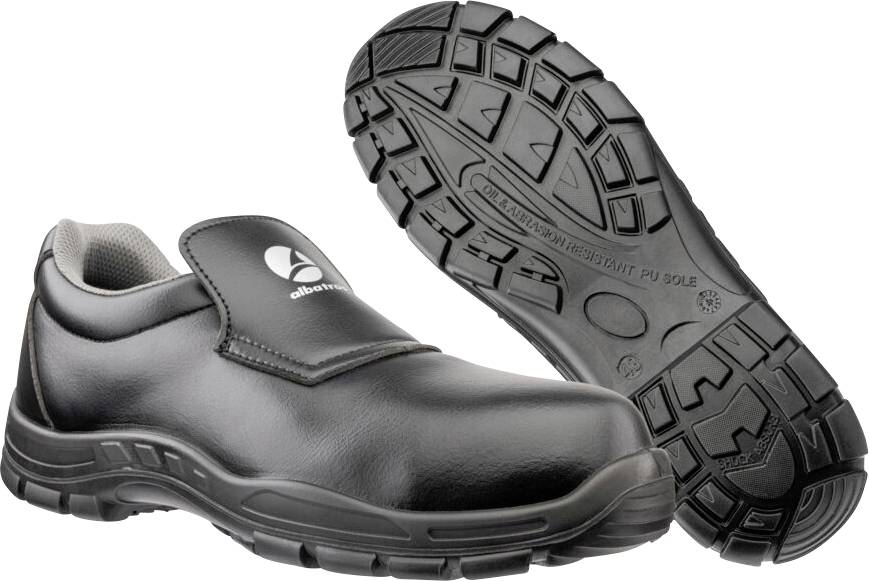 Schwarze Slip-On-Arbeitsschuhe in Seiten- und Sohlenansicht, mit dicken Profilsohlen und schützendem, flach geschnittenem Design.