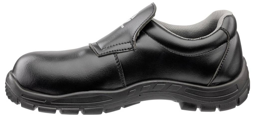Schwarzer Slip-On-Arbeitsschuh mit Stahlkappe und robuster Sohle, in Seitenansicht auf weißem Hintergrund dargestellt.