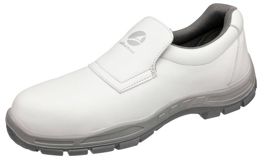 Weißer Slip-On-Arbeitsschuh mit grauer Sohle und schwarzem Innenleben, in Seitenansicht auf neutralem Hintergrund dargestellt.