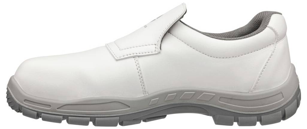 Weißer Slip-On-Arbeitssschuh mit grauer Sohle und gepolstertem Kragen, dargestellt in der Seitenansicht vor einem einfachen Hintergrund.