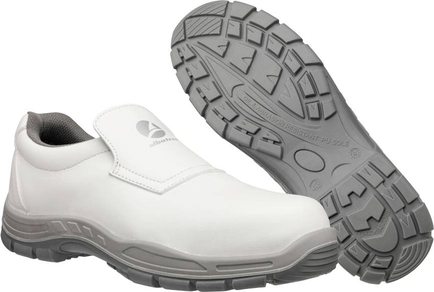 Weiß- und grauer rutschfester Arbeitsschuh, in Seitenansicht dargestellt, mit einem zweiten Schuh, der die profilierte Laufsohle zeigt.