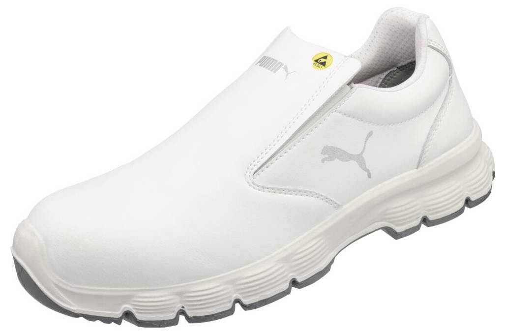 Weißer Slip-On-Sicherheitsschuh mit schwarzer Laufsohle und Puma-Branding, gezeigt auf weißem Hintergrund.