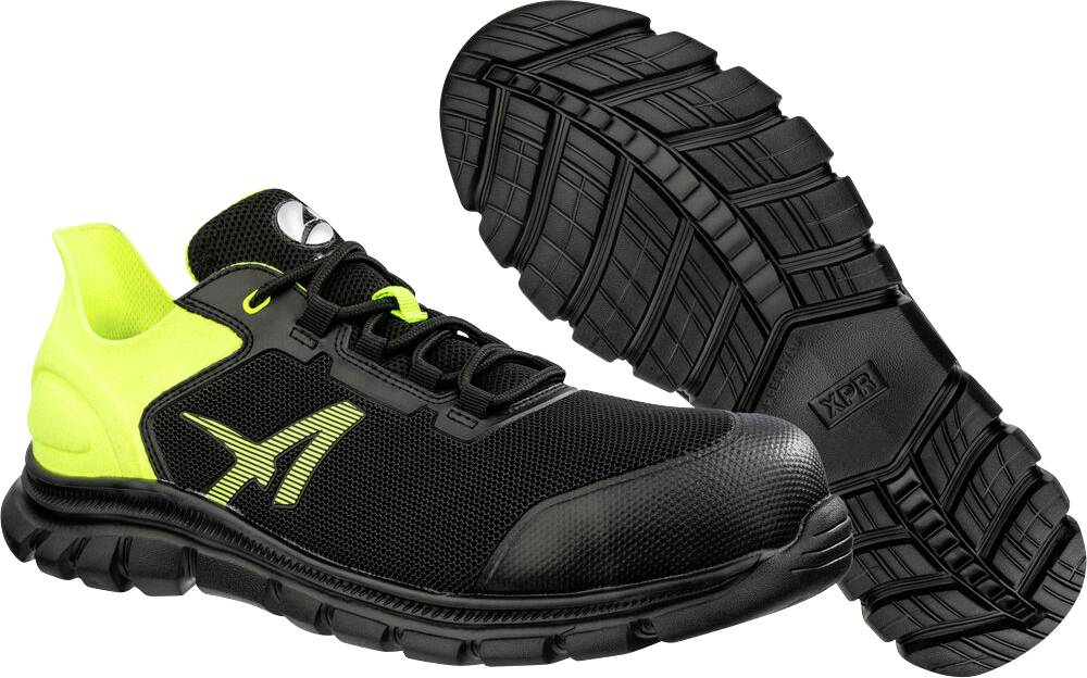 Schwarzer und neogelber Sicherheitsschuh für Sport, in Seitenansicht dargestellt, mit angezeigtem Laufsohlenmuster, das das Profil und das langlebige Design hervorhebt.