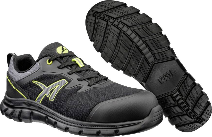 Schwarze und neongelbe Arbeits- und Sportschuhe, dargestellt in Seiten- und Sohlenansichten auf weißem Hintergrund.