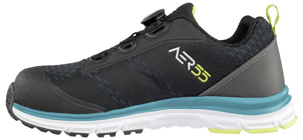 Schwarzer und grauer Sportschuh mit Teal-Sohlenakzenten und gelben Logo-Details, in Seitenansicht auf weißem Hintergrund dargestellt.