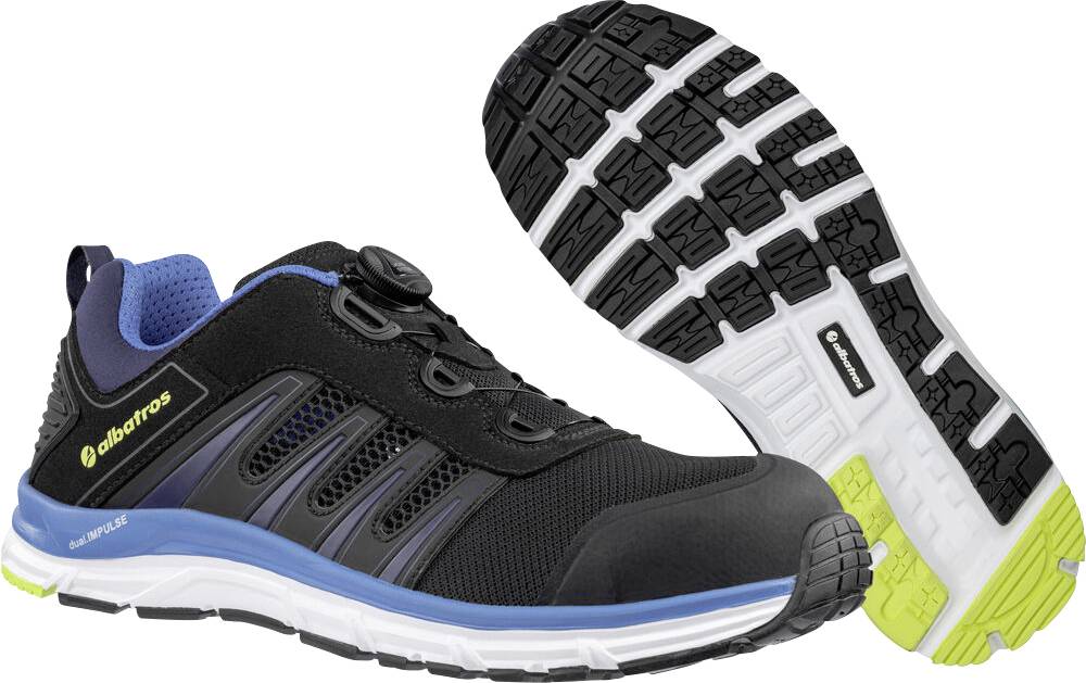Schwarzer und blauer Laufschuh für athletische Aktivitäten, seitlich dargestellt mit sichtbarer Sohle, mit weißer Mittelsohle und Limonäkzenten.