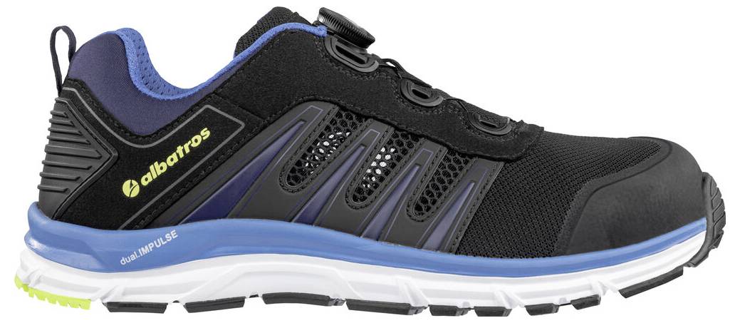 Schwarzer und blauer Sportschuh mit weißer Sohle und Neon-Grün-Akzenten an der Außensohle, in Seitenansicht dargestellt.