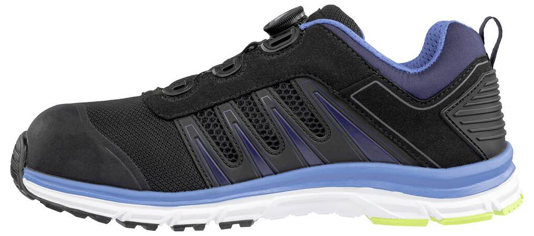 Schwarzer athletischer Laufschuh mit blauen Akzenten und weißer Sohle, in Seitenansicht auf einfachem Hintergrund dargestellt.
