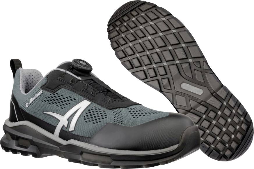 Schwarzer und blaugrüner Arbeitsschuh aus seitlicher Ansicht mit erhöhter Sohle, daneben die Ansicht der Laufsohle mit Profil auf weißem Hintergrund.