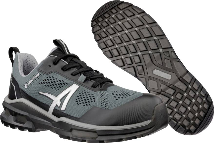 Paar grauer und schwarzer Sportschuhe, einer von der Seite gezeigt und einer mit der profilierten Sohle auf weißem Hintergrund.