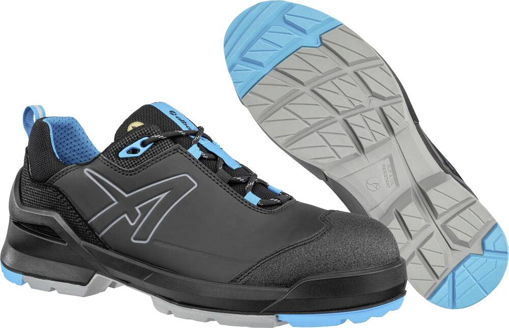 Schwarzer und blauer Arbeitsschuh für athletische Aktivitäten, shown von der Seite und der Sohle, der das Profil und das Schutzdesign hervorhebt.