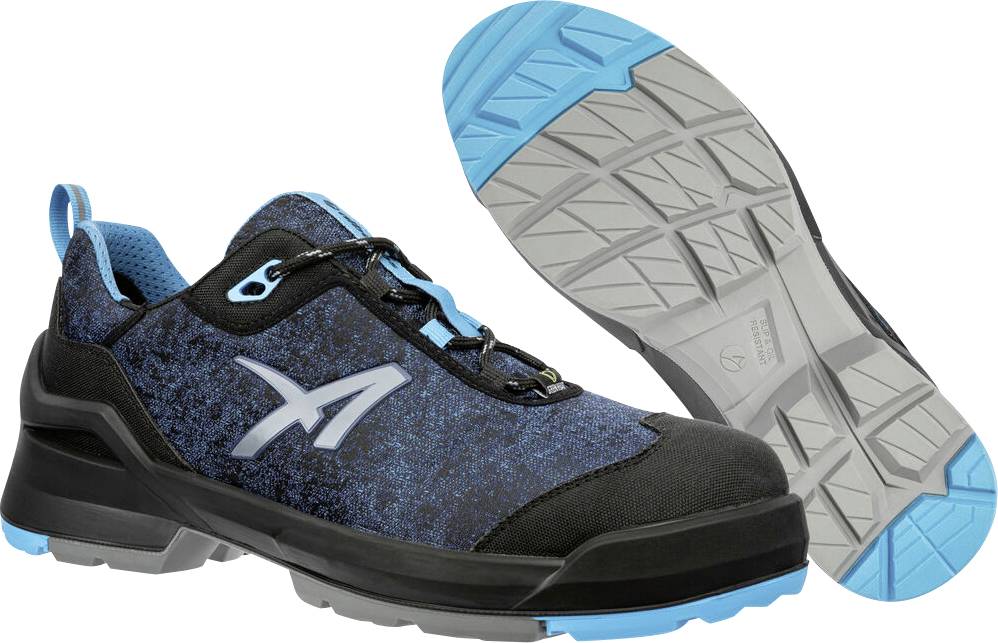 Blauer und schwarzer Sportschuh in Seitenansicht mit sichtbarer Sohle, die das Profil und die schützende Zehenkappe hervorhebt.