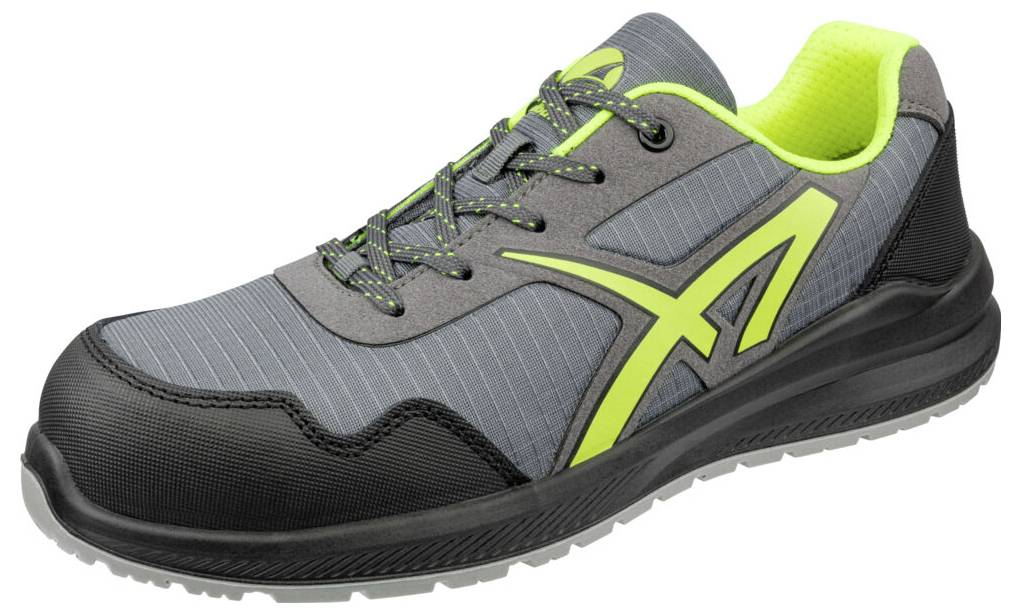 Grauer und schwarzer Sportarbeitschuh mit neongrünen Akzenten, dargestellt in Seitenansicht auf weißem Hintergrund.