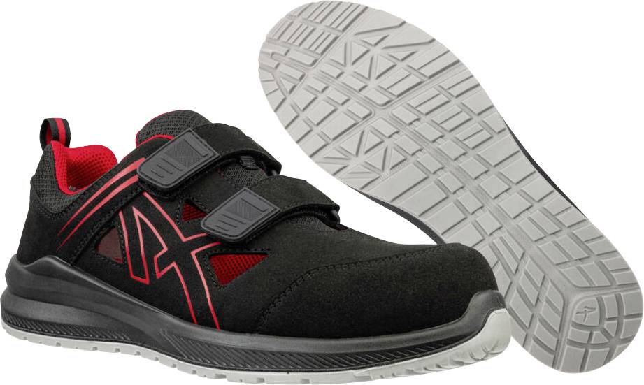 Schwarzer und roter Sportschuh, von der Seite gezeigt, mit einer grauen Profilsohle, die dahinter angezeigt wird.