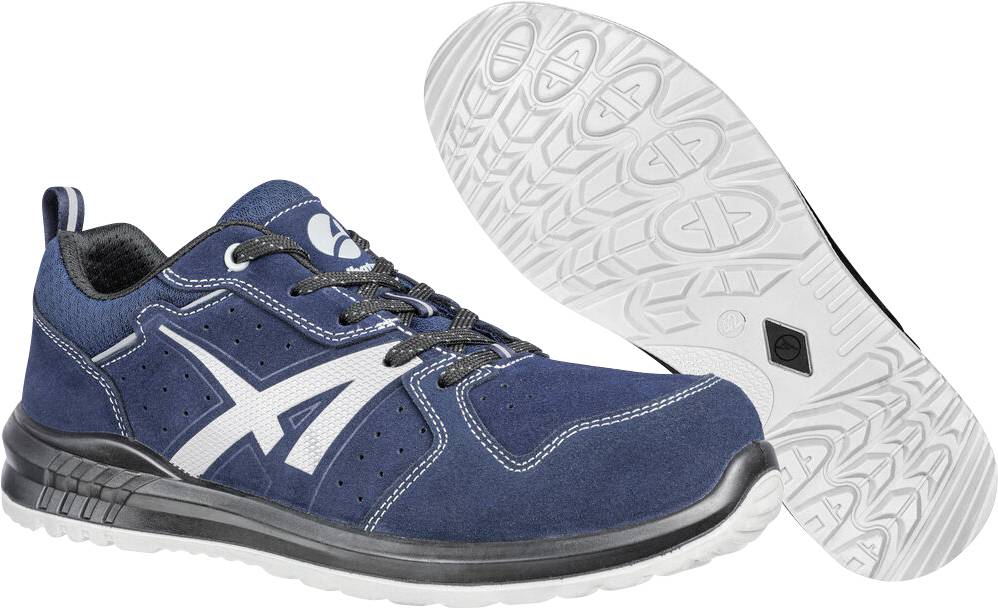 Blaue sportliche Arbeitsschuhe mit weißem Logo und schwarzen Sohlen, von der Seite gezeigt, wobei ein Schuh die strukturierte weiße Laufsohle zeigt.