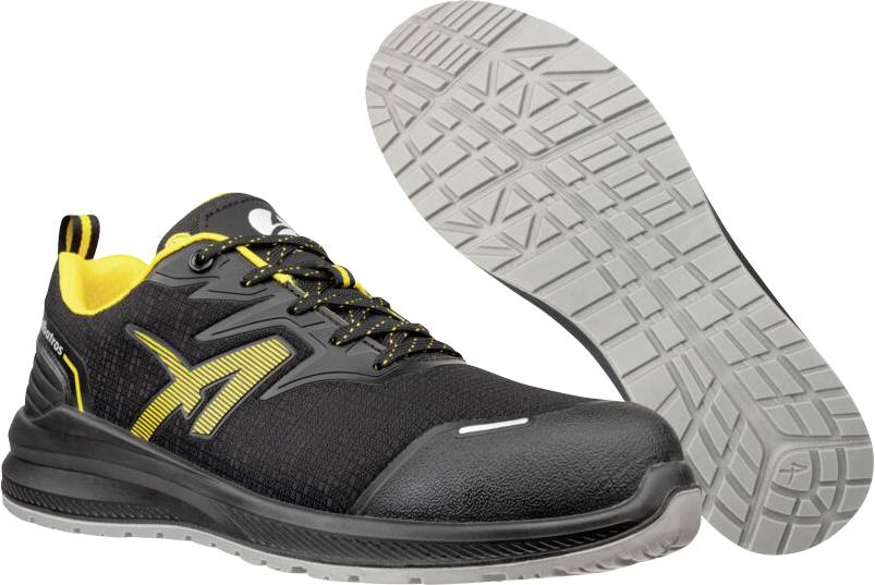 Schwarz-gelber Sportarbeitschuh, von der Seite gezeigt, mit der Profilsohle daneben auf weißem Hintergrund dargestellt.