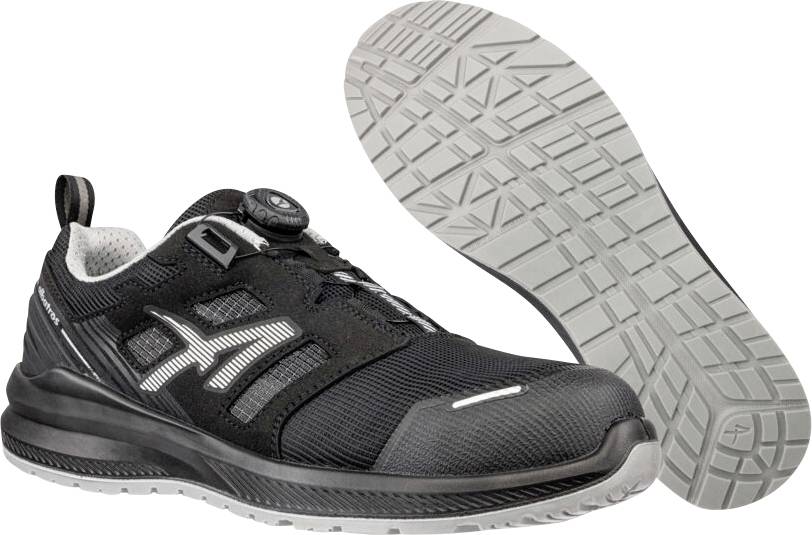Schwarzer athletischer Sicherheitsschuh mit verstärkter Zehenkappe und profilierter Sohle, dargestellt in der Seitenansicht mit sichtbarer Außensohle