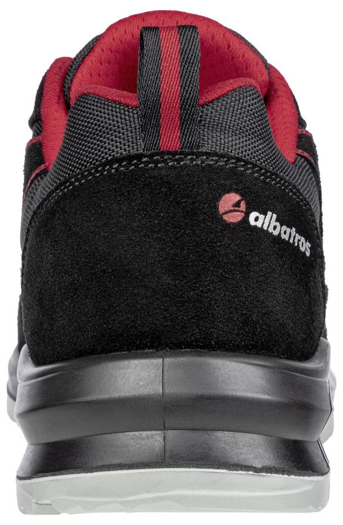 Rückansicht eines schwarzen und roten Albatros-Arbeitsschuhs mit grauer Sohle.