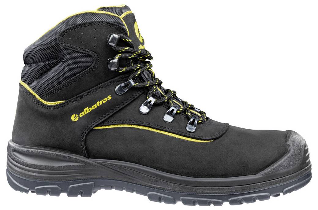 Schwarzer und gelber hoher Wanderschuh/Arbeitsstiefel mit Schnürverschluss und robuster Sohle, gezeigt in Seitenansicht auf weißem Hintergrund.