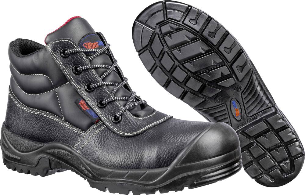 Schwarze Schnürstiefel mit dicker Profilsohle für Sicherheitsarbeit, von der Seite und von unten auf weißem Hintergrund gezeigt.
