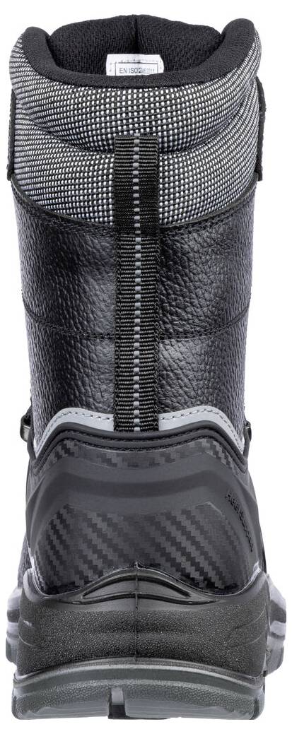 Schwarzer Schnürarbeitsstiefel von vorne gezeigt, mit hochgepolstertem Kragen und robuster Profilsohle.