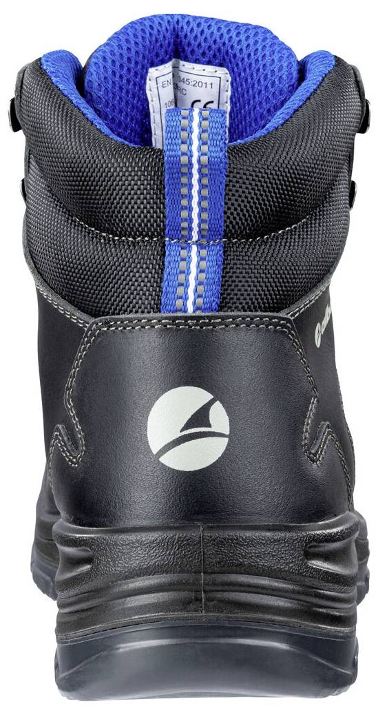 Rückansicht eines schwarz-blauen Wanderstiefels mit hohem gepolstertem Kragen, Reißverschlussschieber und weißem Logo auf der Ferse.