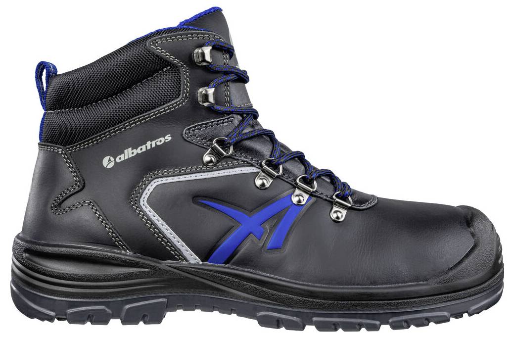 Schwarzer hoher Sicherheitsstiefel mit blauen Schnürsenkeln und Logo, in Seitenansicht auf weißem Hintergrund dargestellt.